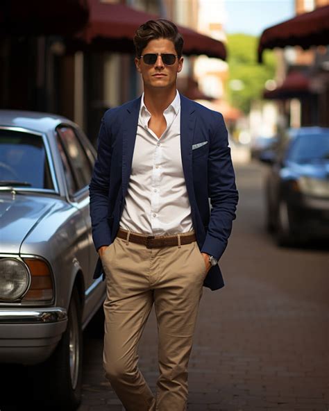 blue blazer with khaki chinos.